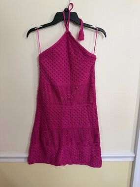 Old Navy Size Medium Festival Boho Hot Pink Crochet Halter Mini Dress